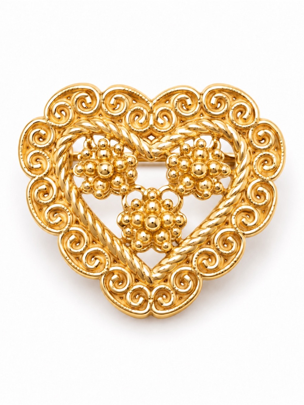 Gold filigree heart pin brooch